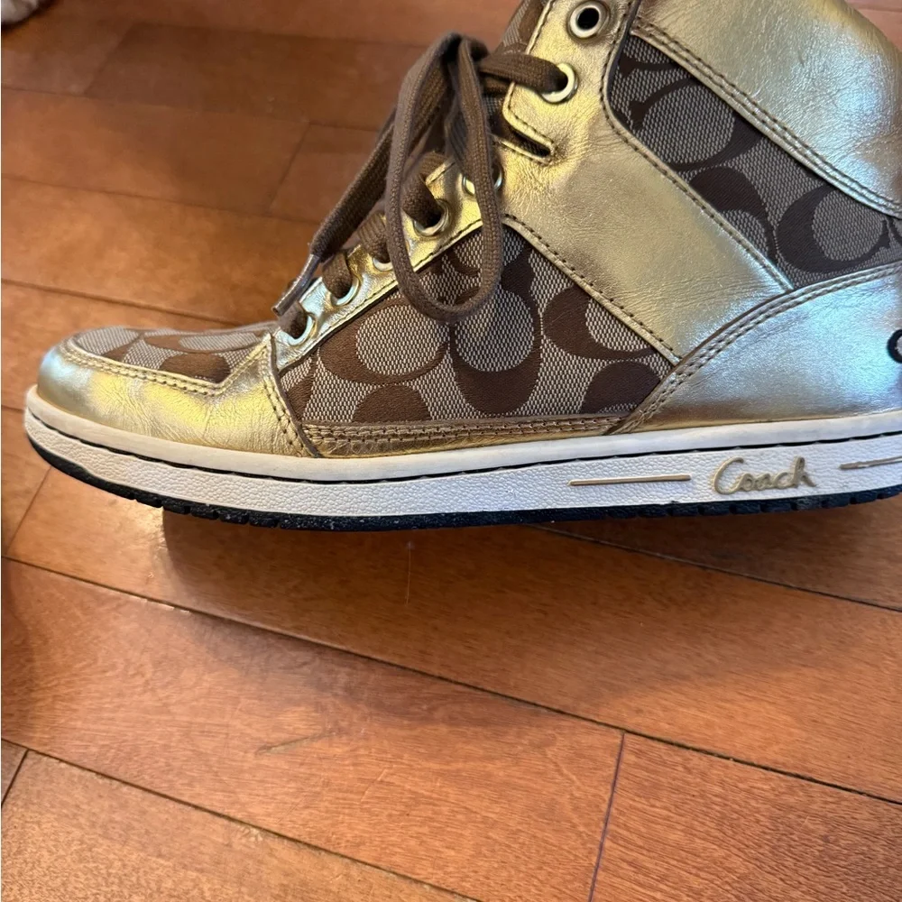 Coach Metallic Gold and Brown High-Top Sneakers - Picture 12 of 16